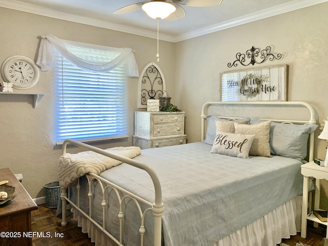 bedroom featuring dark parquet flooring, ornamental molding, and ceiling fan