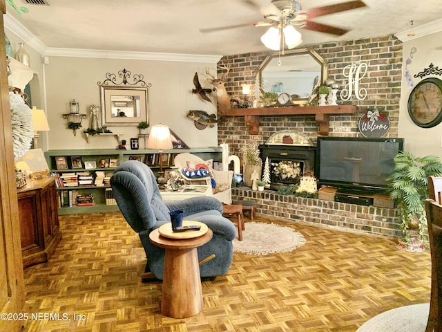 living room featuring parquet floors, ornamental molding, and ceiling fan