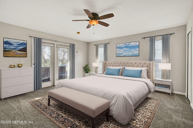 carpeted bedroom with access to outside and ceiling fan