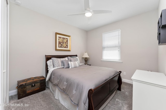 bedroom with ceiling fan and carpet flooring