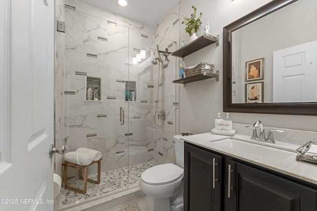 bathroom with vanity, a shower with shower door, and toilet