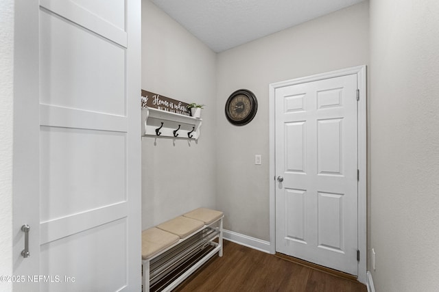 mudroom with dark hardwood / wood-style floors and a textured ceiling