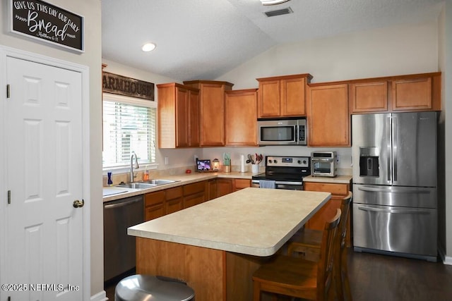5452 Huckleberry Ct, Macclenny, FL 32063 - kitchen featuring appliances with stainless steel finishes, a sink, vaulted ceiling, light countertops, and brown cabinets