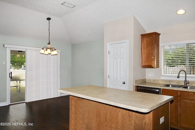 5452 Huckleberry Ct, Macclenny, FL 32063 - kitchen with a sink, plenty of natural light, stainless steel dishwasher, dark wood finished floors, and lofted ceiling