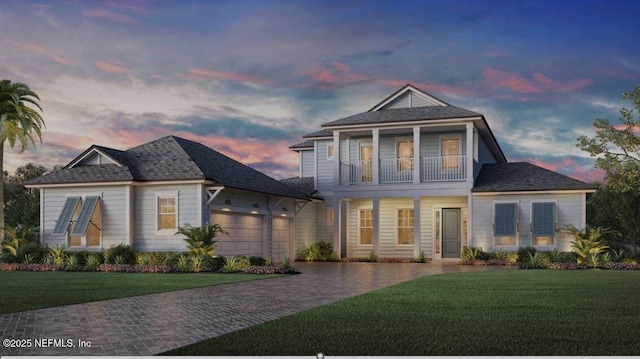 view of front of house with a garage, a balcony, and a lawn