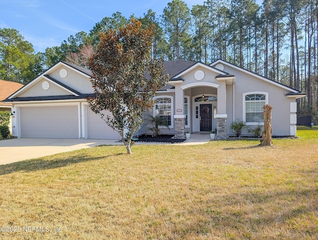 ranch-style home featuring a front lawn, concrete driveway, an attached garage, and stucco siding