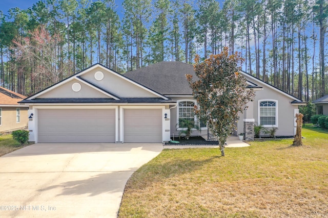 single story home with a front lawn, driveway, an attached garage, and stucco siding