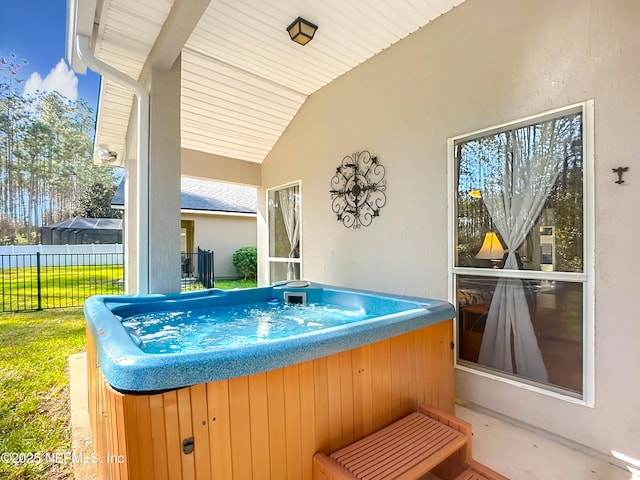 view of patio / terrace featuring a hot tub