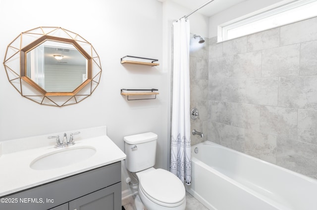 full bathroom with shower / bathtub combination with curtain, vanity, and toilet