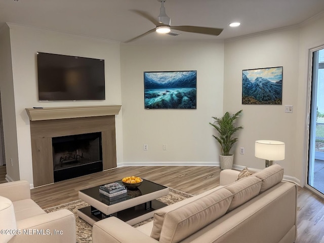 living room featuring hardwood / wood-style flooring and ceiling fan