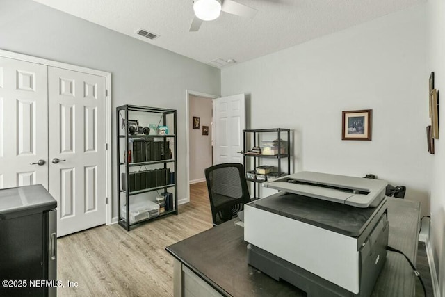 office area featuring ceiling fan, a textured ceiling, and light wood-type flooring