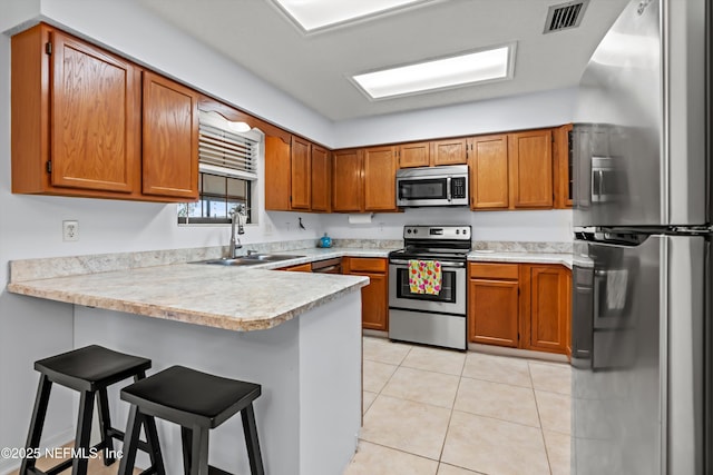 kitchen with stainless steel appliances, sink, a kitchen bar, and kitchen peninsula