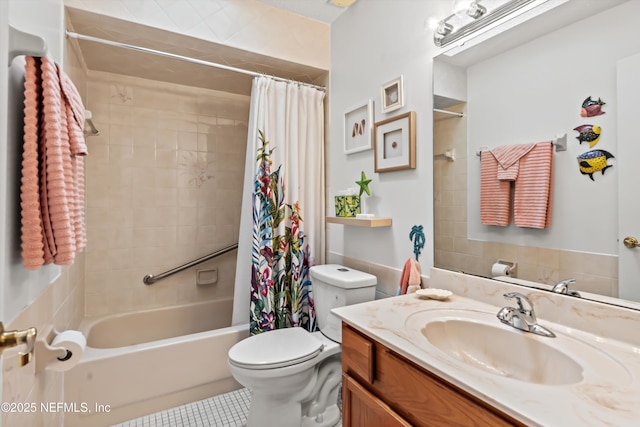 full bathroom featuring vanity, shower / bathtub combination with curtain, tile patterned floors, and toilet