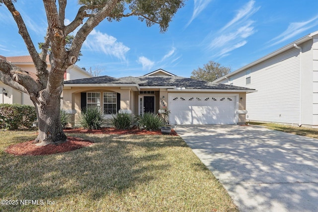 ranch-style home with a garage and a front lawn