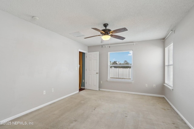 spare room featuring light carpet, a textured ceiling, and a healthy amount of sunlight