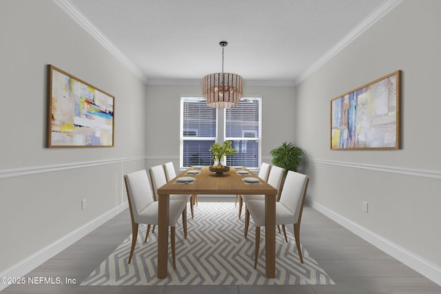 dining space featuring ornamental molding, dark hardwood / wood-style floors, a textured ceiling, and a chandelier