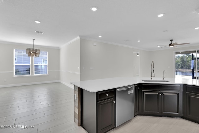 kitchen with ceiling fan with notable chandelier, decorative light fixtures, sink, stainless steel dishwasher, and crown molding