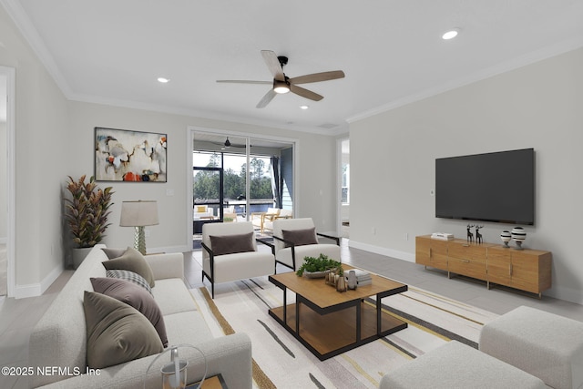 living room with crown molding and ceiling fan