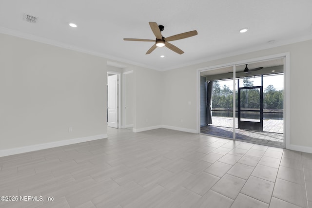 empty room with crown molding and ceiling fan