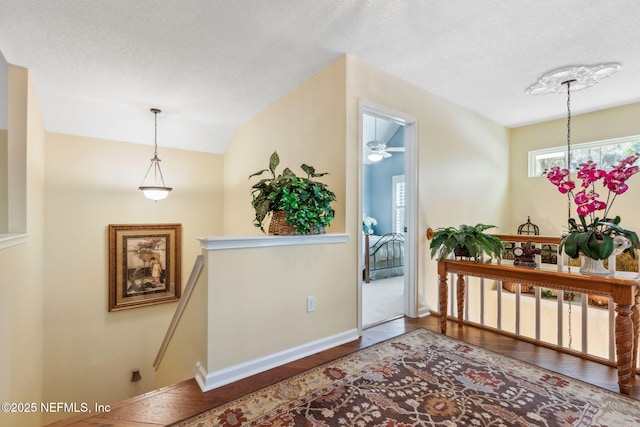 foyer featuring dark hardwood / wood-style flooring, vaulted ceiling, and a textured ceiling