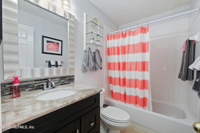 full bathroom with toilet, a textured ceiling, vanity, shower / bath combination with curtain, and decorative backsplash