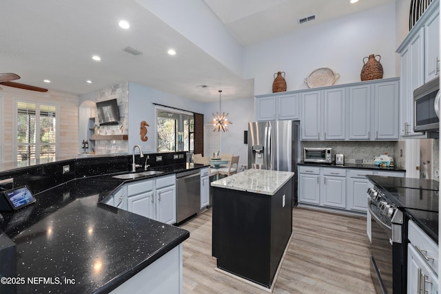 kitchen with a kitchen island, appliances with stainless steel finishes, sink, decorative backsplash, and dark stone counters