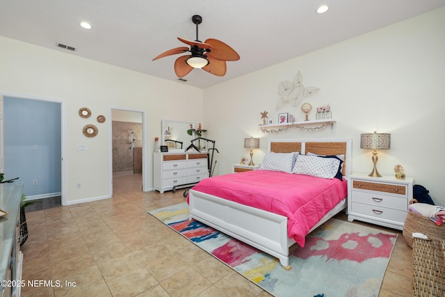 bedroom featuring light tile patterned floors and ceiling fan