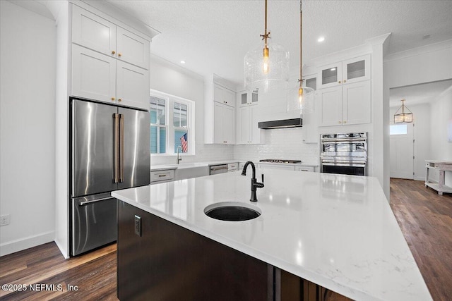 kitchen with appliances with stainless steel finishes, decorative light fixtures, an island with sink, and white cabinets