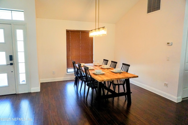 dining space with dark wood-type flooring, lofted ceiling, and a healthy amount of sunlight