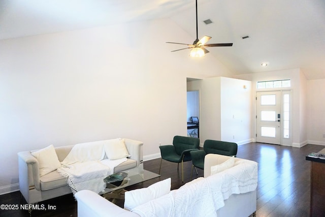 living room featuring high vaulted ceiling, dark hardwood / wood-style floors, and ceiling fan