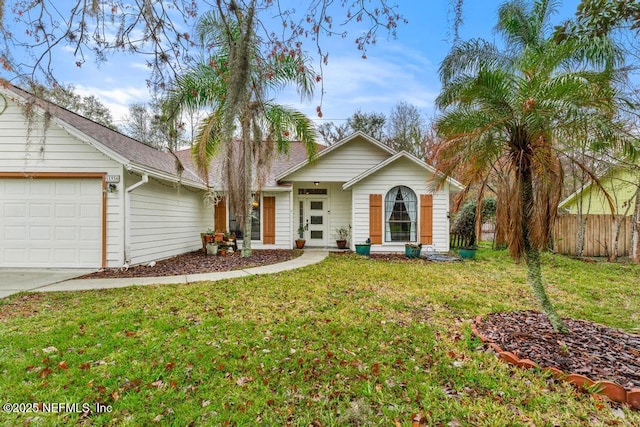 ranch-style house featuring a garage, a front lawn, a shingled roof, and fence