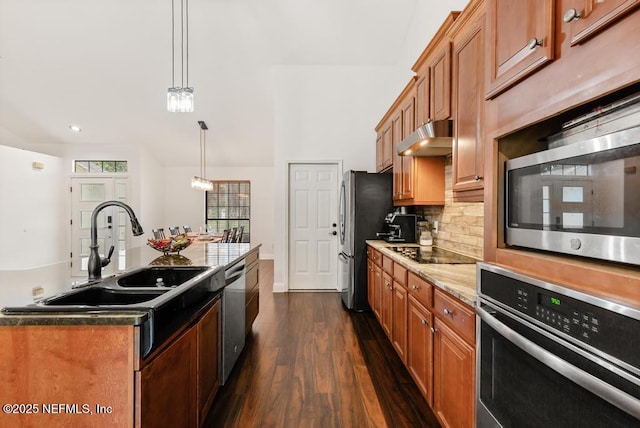 kitchen featuring under cabinet range hood, stainless steel appliances, a sink, tasteful backsplash, and pendant lighting