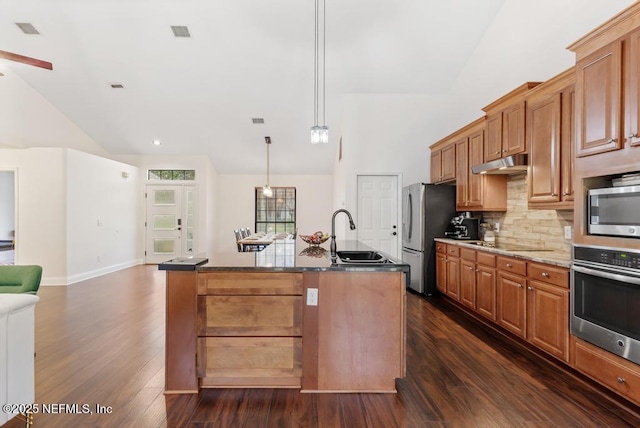 kitchen featuring an island with sink, stainless steel appliances, under cabinet range hood, pendant lighting, and a sink