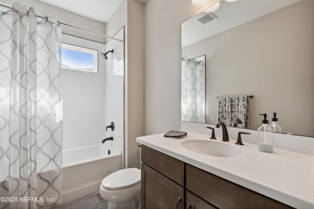 full bathroom with vanity, shower / bathtub combination with curtain, and toilet