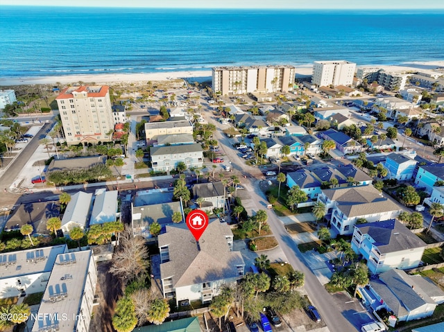 aerial view featuring a beach view and a water view