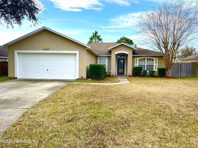 ranch-style house with a garage and a front yard