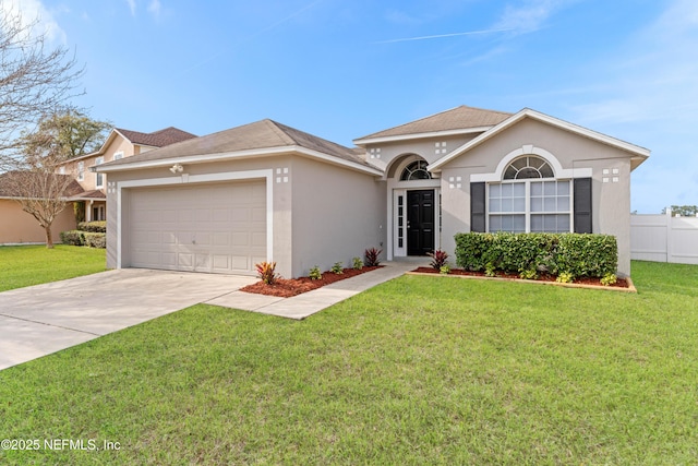 ranch-style house featuring a garage and a front yard