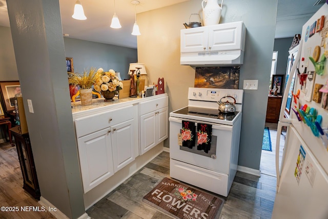 kitchen featuring white cabinetry, pendant lighting, dark hardwood / wood-style flooring, and electric range