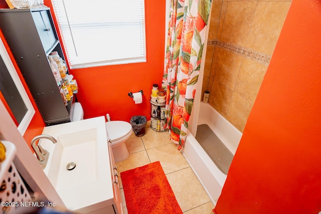 full bathroom featuring shower / tub combo with curtain, vanity, tile patterned floors, and toilet