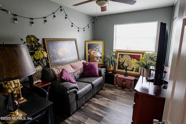 living room featuring hardwood / wood-style floors and ceiling fan