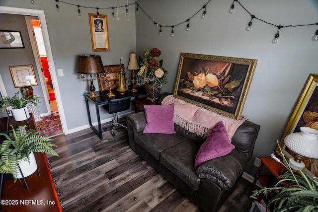 living room with dark hardwood / wood-style floors and track lighting