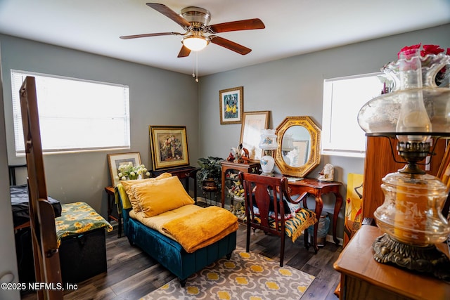 living area featuring ceiling fan and dark hardwood / wood-style flooring