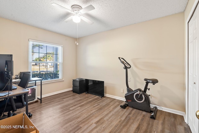 office with ceiling fan, hardwood / wood-style floors, and a textured ceiling