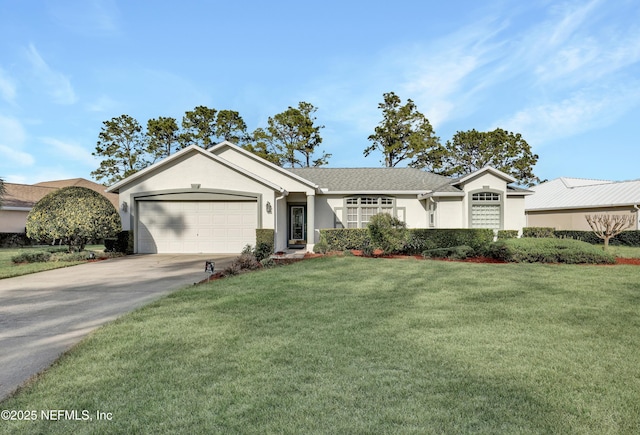 single story home featuring a garage and a front yard