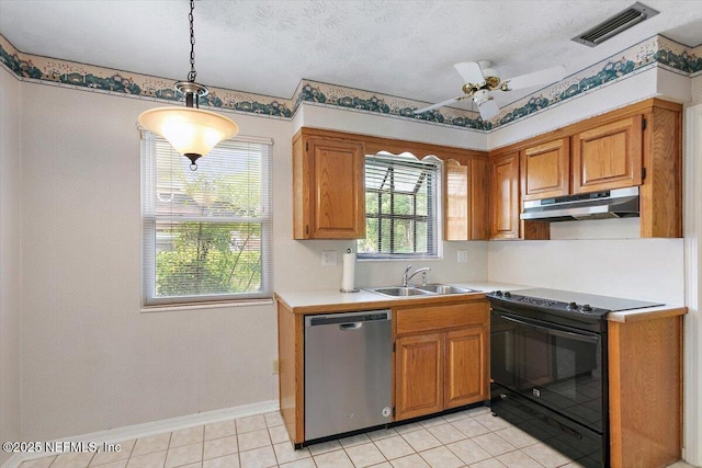 kitchen featuring stainless steel dishwasher, visible vents, under cabinet range hood, black electric range, and a sink