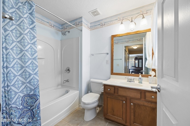 full bathroom with shower / bathtub combination with curtain, tile patterned flooring, vanity, a textured ceiling, and toilet