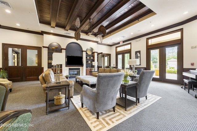 living room featuring crown molding, light colored carpet, wooden ceiling, and french doors