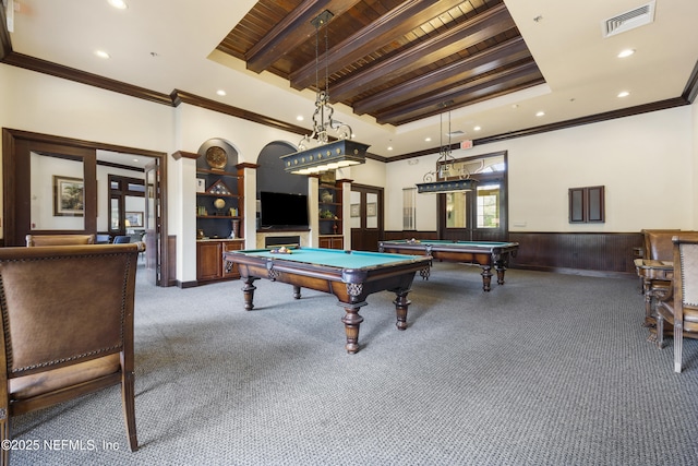 game room with crown molding, pool table, beam ceiling, and dark colored carpet