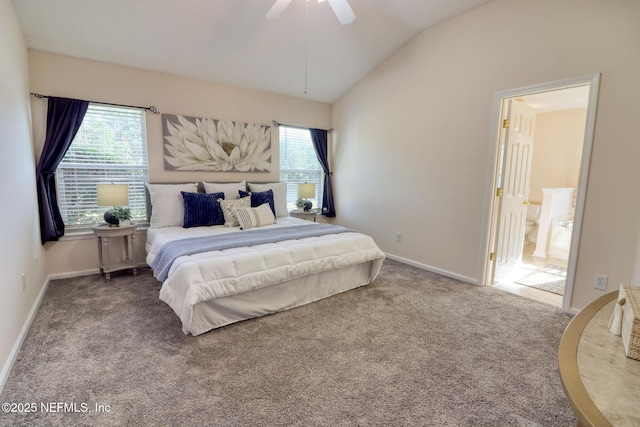 bedroom with vaulted ceiling, ceiling fan, and carpet flooring