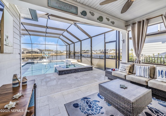 view of patio with a water view, outdoor lounge area, a pool with hot tub, and glass enclosure